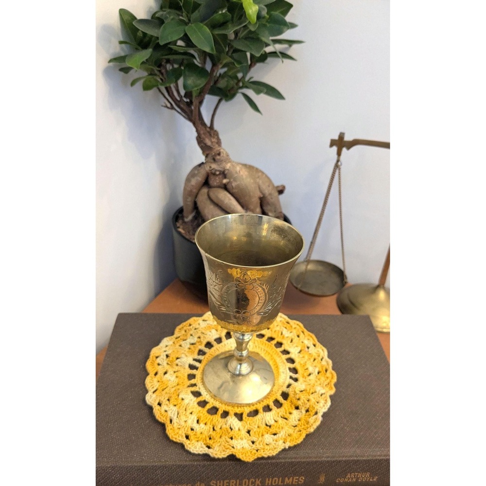 Vintage Brass Chalice‎ Goblet Engraved, Boho Decor, Baroque Style, Rustic Home